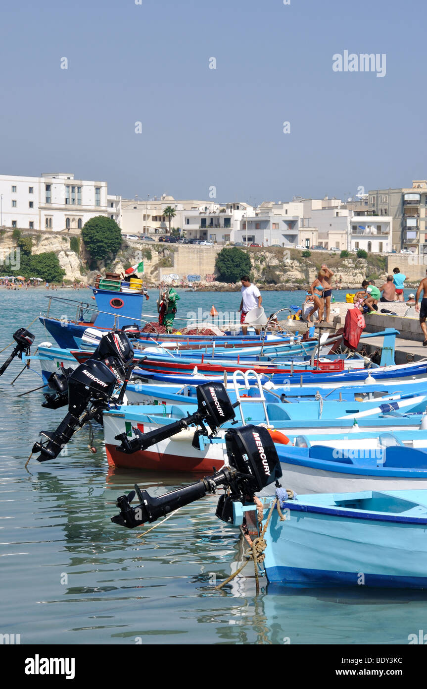 Fishing boats in harbour, Otranto, Lecce Province, Puglia Region, Italy Stock Photo