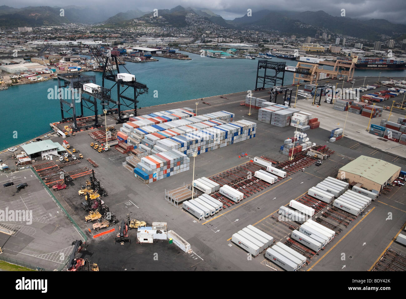Cargo container shipping facility and docks, Sand Island, Honolulu. Stock Photo