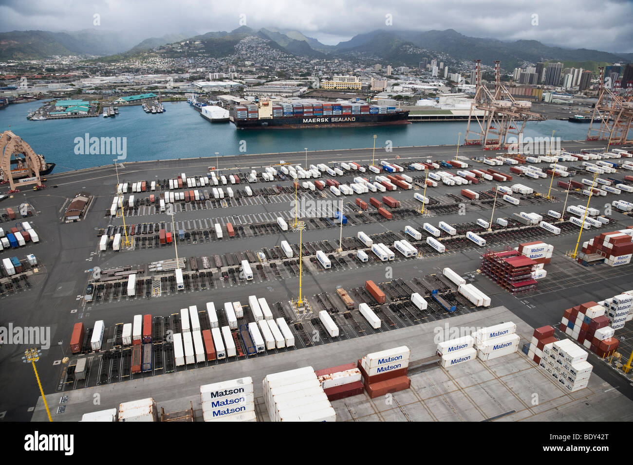 Aerial view of cargo ship carrying containerized shipping and container
