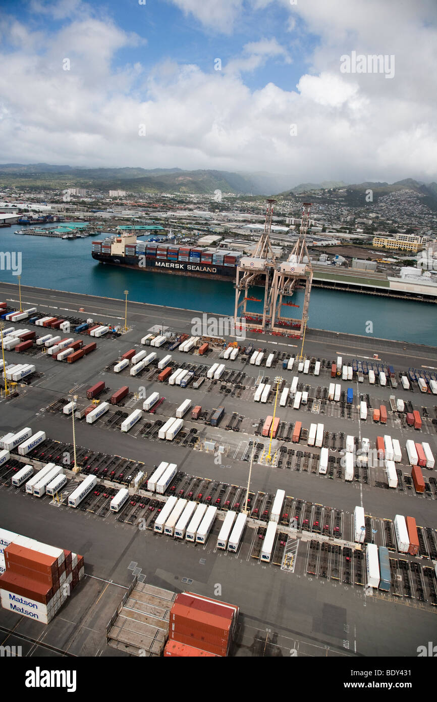 Aerial view of cargo ship carrying containerized shipping and container