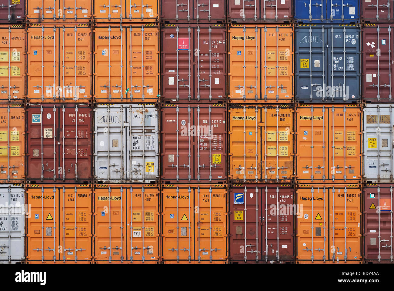 Container depot Port Bonn, stacked high-cube containers, full-frame, Bonn, North Rhine-Westphalia, Germany, Europe Stock Photo
