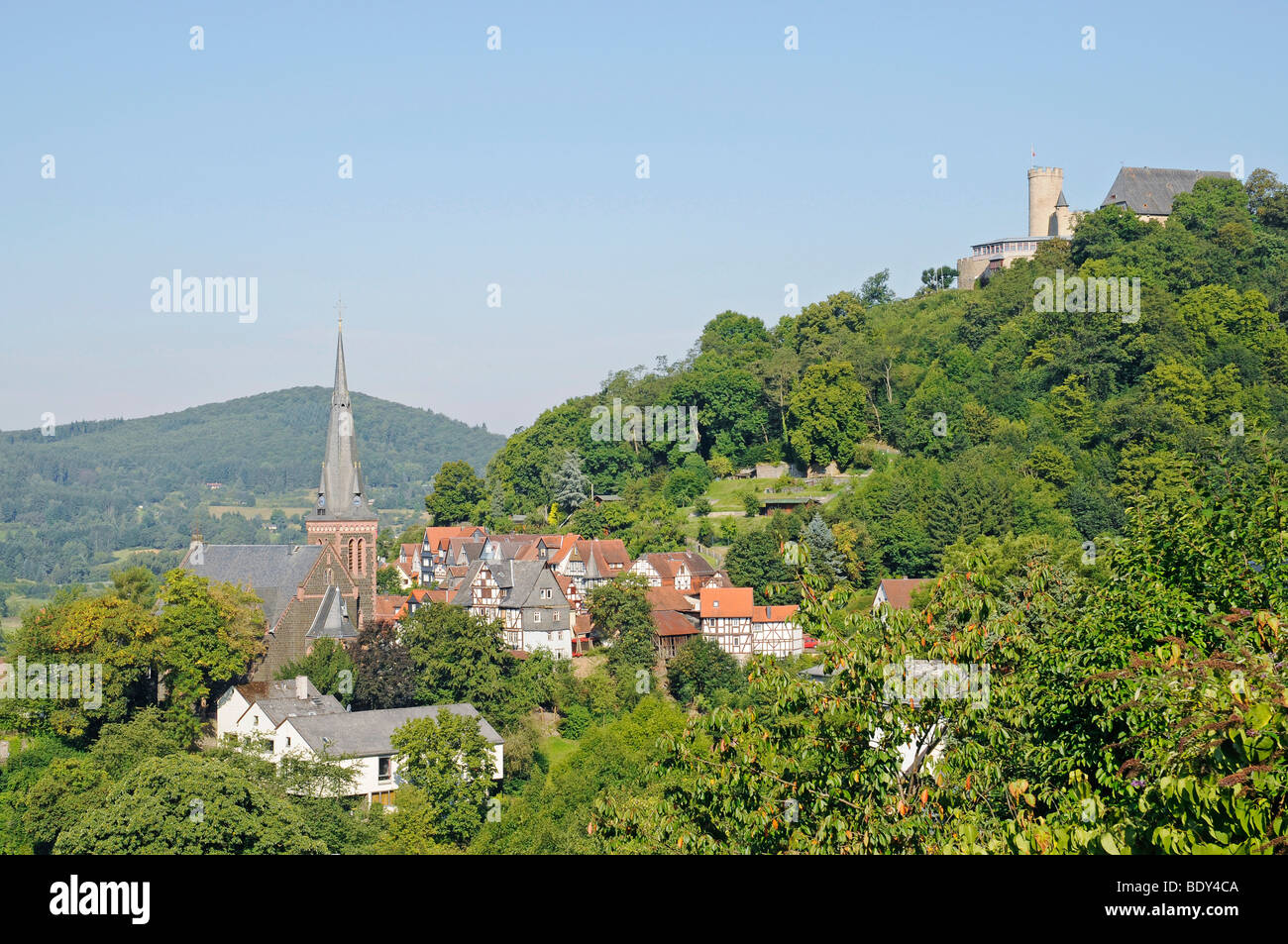 Protestant city church, cityscape, castle, Hinterland Museum, Biedenkopf, Hesse, Germany, Europe Stock Photo