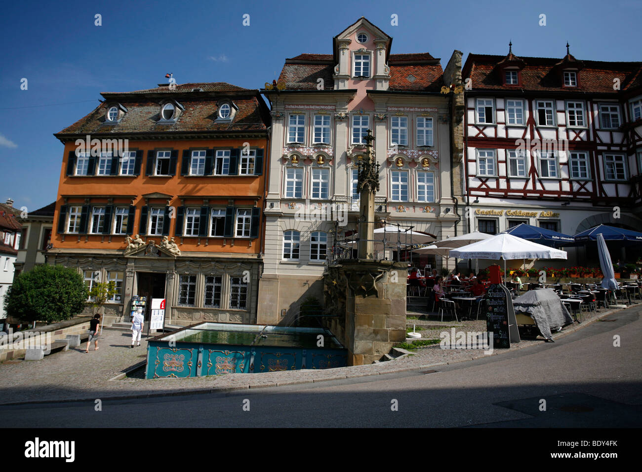 Restaurants in the inner city next to the Church of St. Michael, Schwaebisch Hall, Baden-Wuerttemberg, Germany, Europe Stock Photo