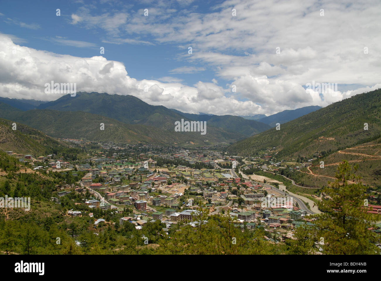 Areal view of Thimphu, Capital of Bhutan (seen from the South) Stock Photo