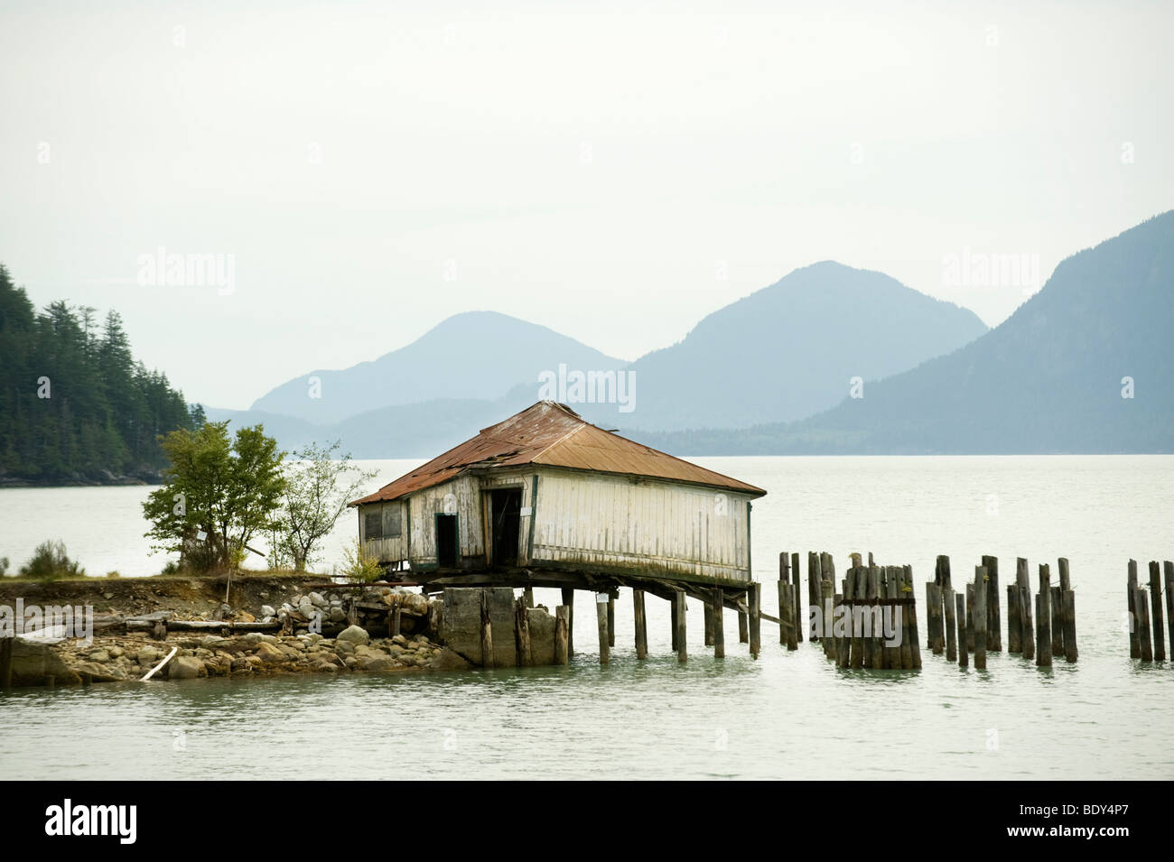 Derelict boat house. Britannia Beach, near Squamish BC, Canada Stock