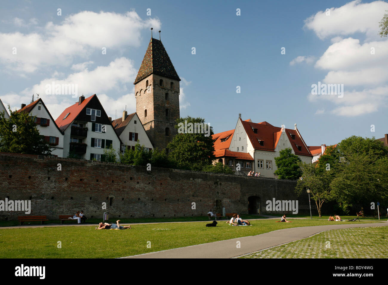 Green fields on the bank of the Danube Swabians with the Metzgerturm, Butcher's Tower, Ulm, Baden-Wuerttemberg, Germany, Europe Stock Photo