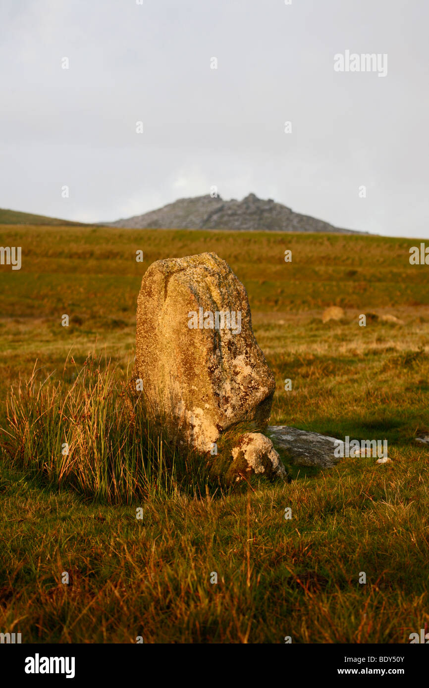 Standing Stones in Stannon Stone Circle, Bodmin Moor with Rough Tor in the background, Cornwall, England Stock Photo