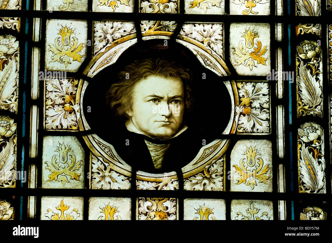 A stained glass window depicting Ludwig van Beethoven. Stock Photo
