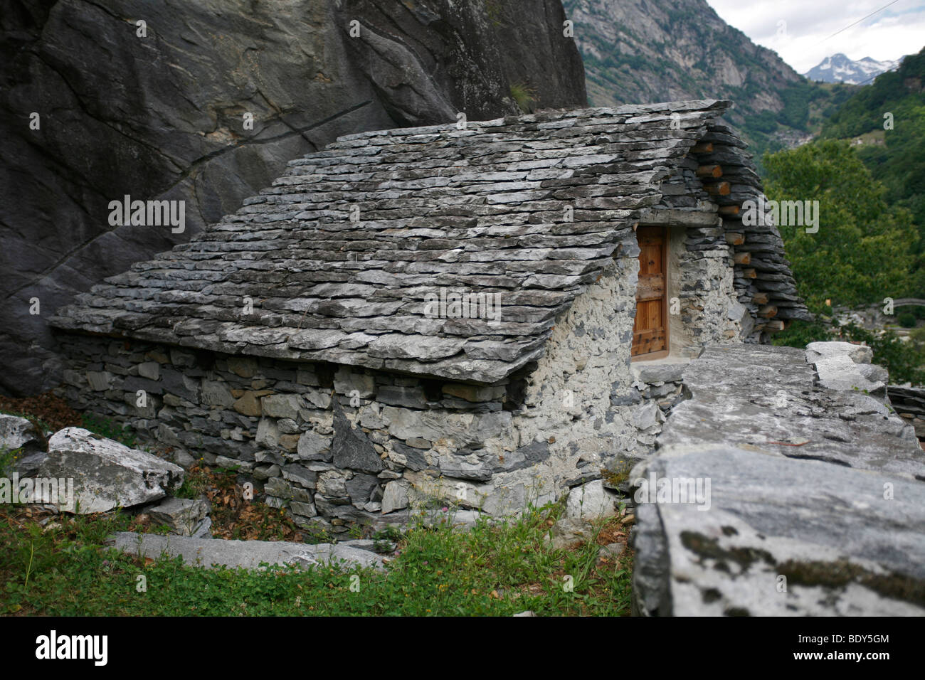 Granaries in the Luera, the wolf's trap of Bignasco, Val Lavizzara, Maggia valley, Ticino, Switzerland, Europe Stock Photo