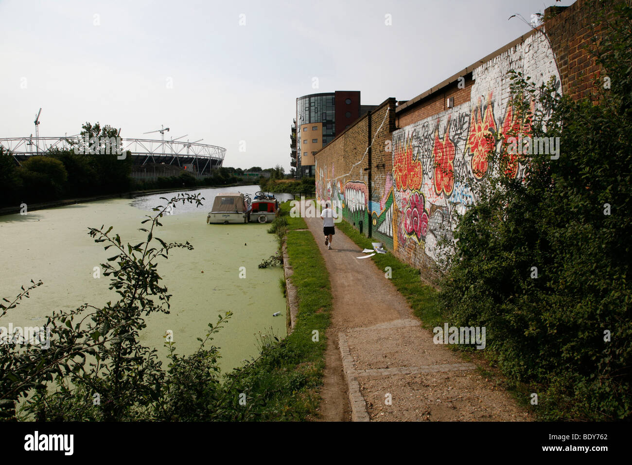 View of the Olympic Stadium from River Lea, Hackney Wick, London, UK Stock Photo