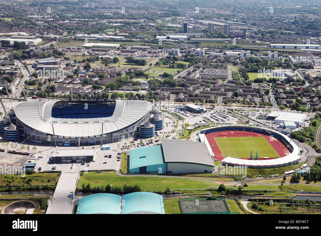 City of Manchester Stadium from the air. Stock Photo