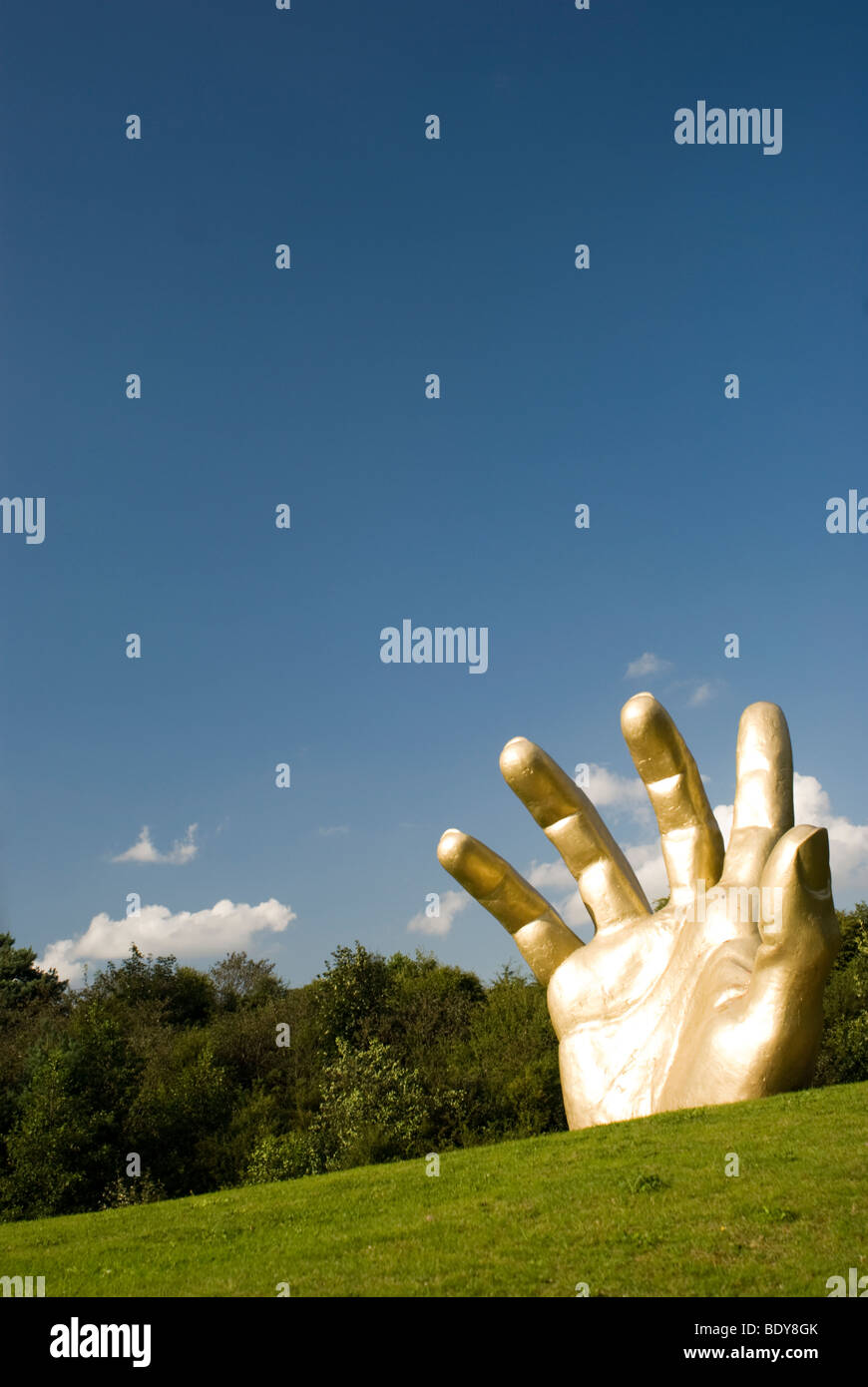 Golden Hand set  within Vicar Water Country Park, Clipstone, Mansfield, Nottinghamshire, UK. Stock Photo