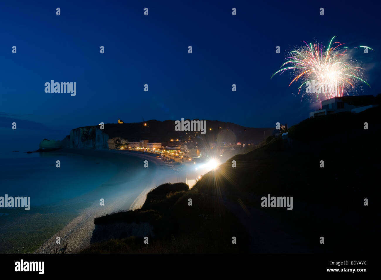 Fireworks, Falaise d'Amont, Etretat, Haute Normandie, France, Europe Stock Photo