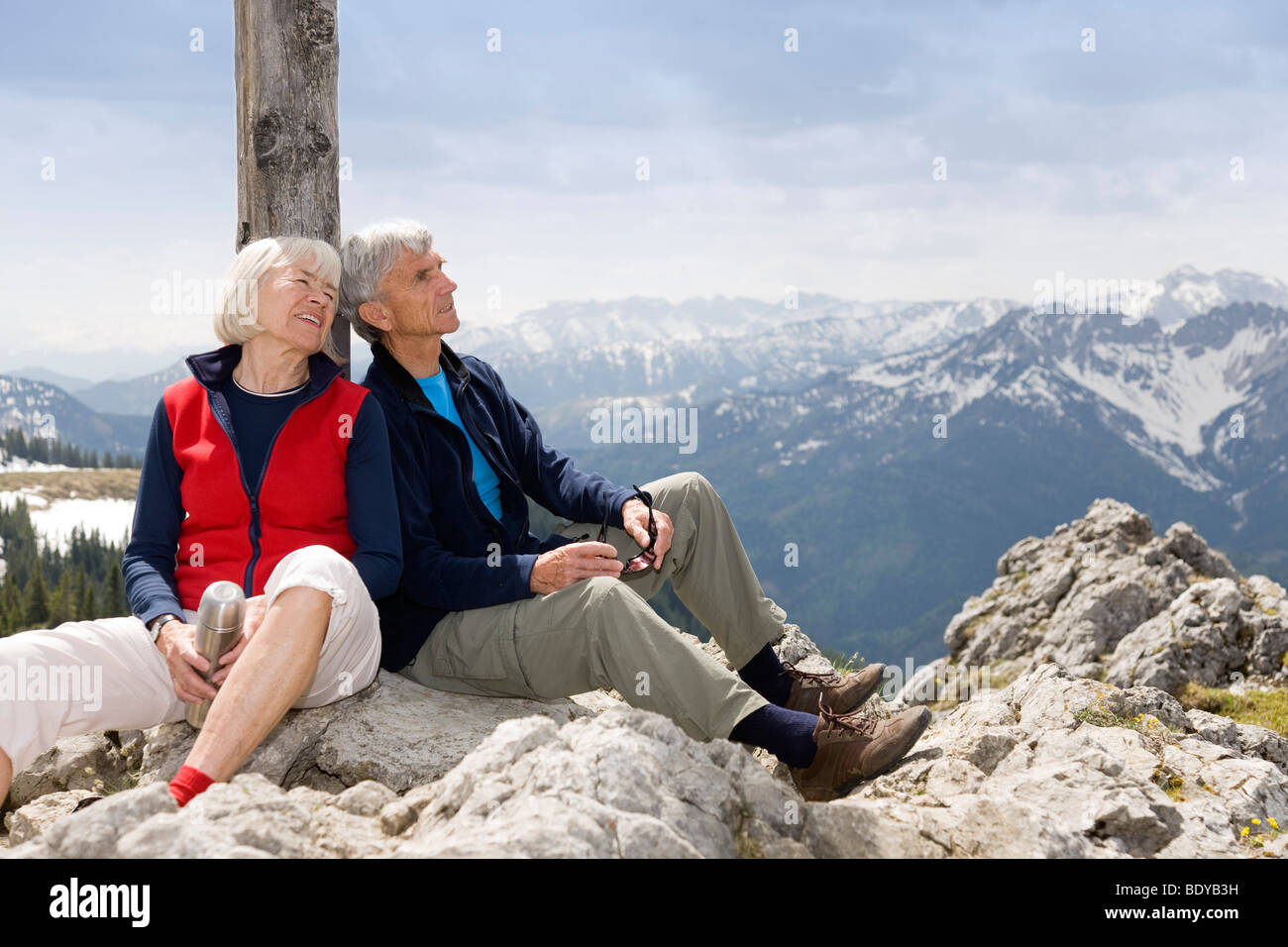 senior couple on mountain summit Stock Photo