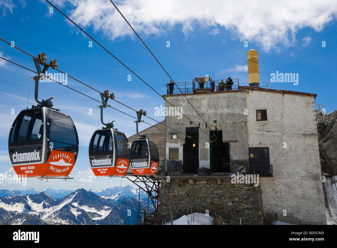 Cable cars from Aiguille du Midi to Punta Helbronner, Funivie Monte Bianco, Mont Blanc Funicular, Mont Blanc Massif, Alps, Ital Stock Photo