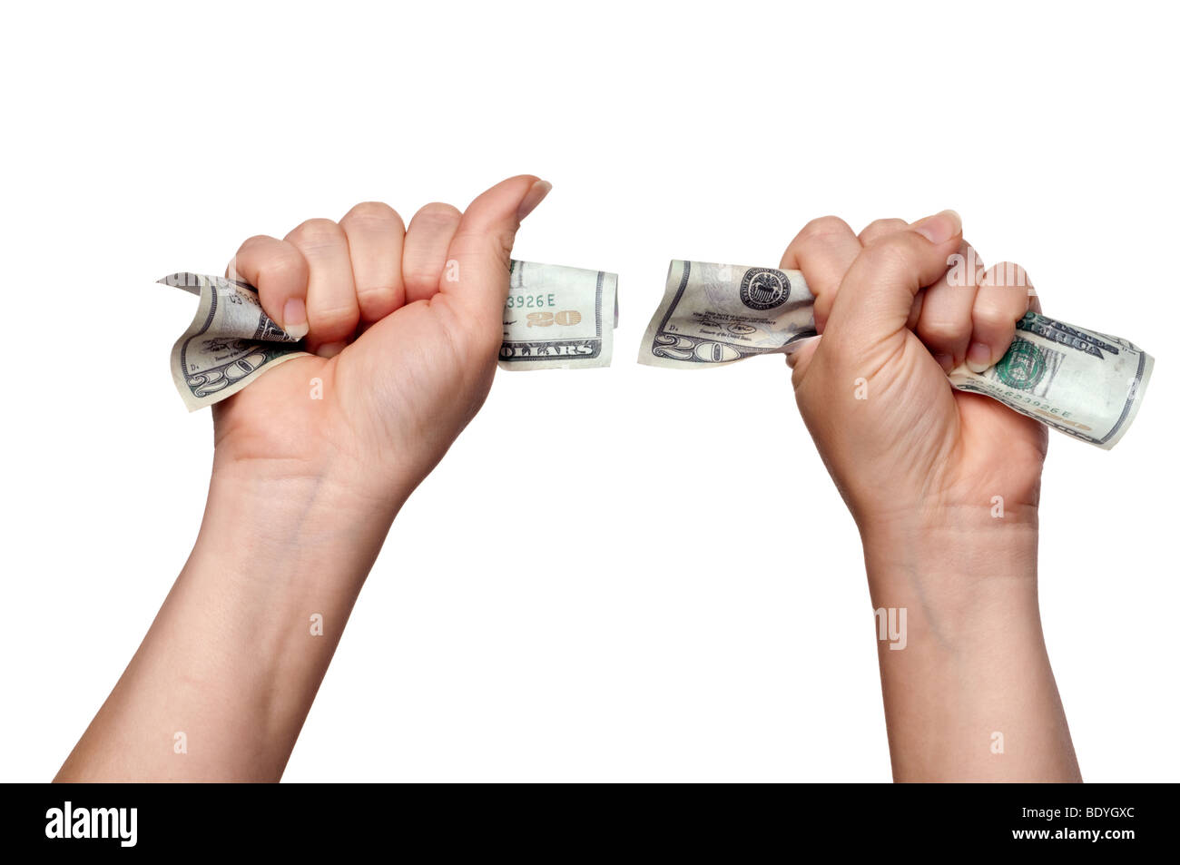 Horizontal image of hands clutching American money on white Stock Photo
