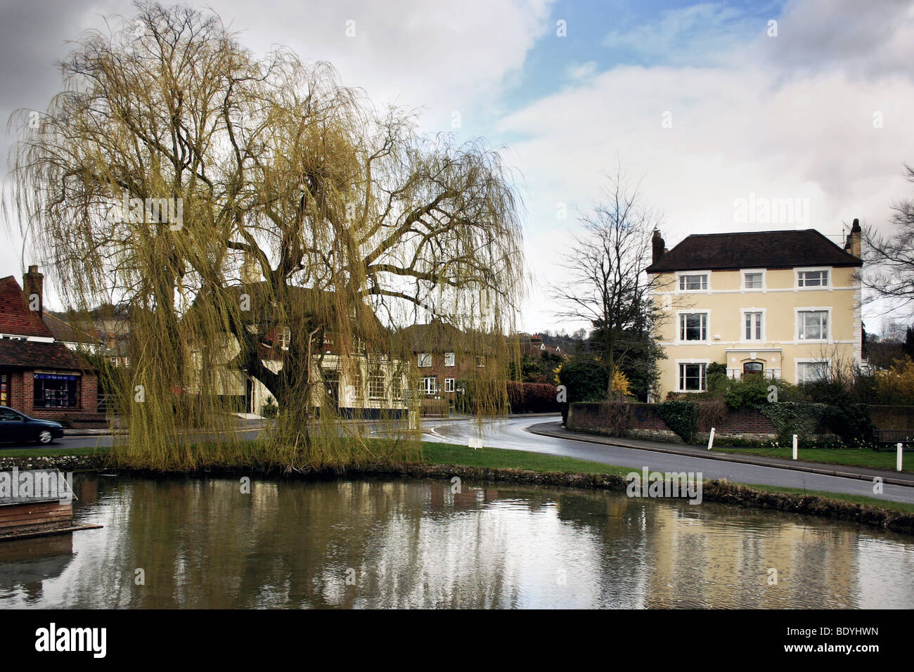 A view of the village pond and the weeping willow tree at Shoreham in Kent Stock Photo