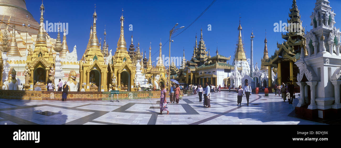 Golden Chedis, Shwedagon pagoda, temple, Rangoon, Yangon, Burma, Myanmar, Asia Stock Photo