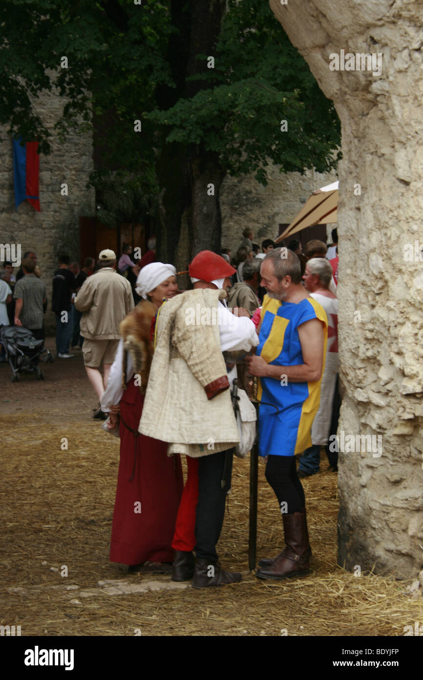 Local people wearing medieval costumes during the Medieval weekend in Eymet, France Stock Photo