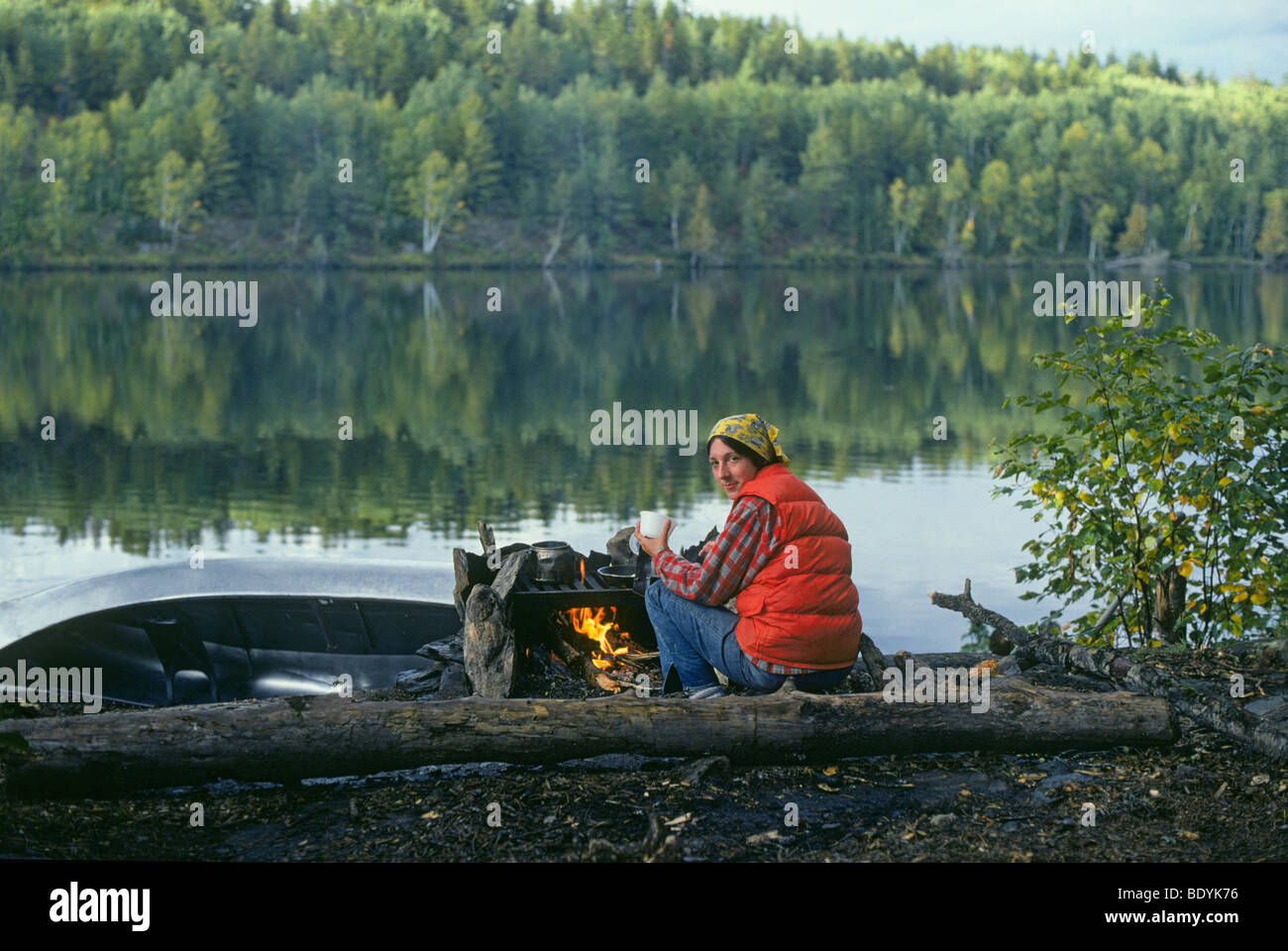 A quiet canoe camp on a lake in Boundary Waters Canoe Area in Minnesota. Stock Photo
