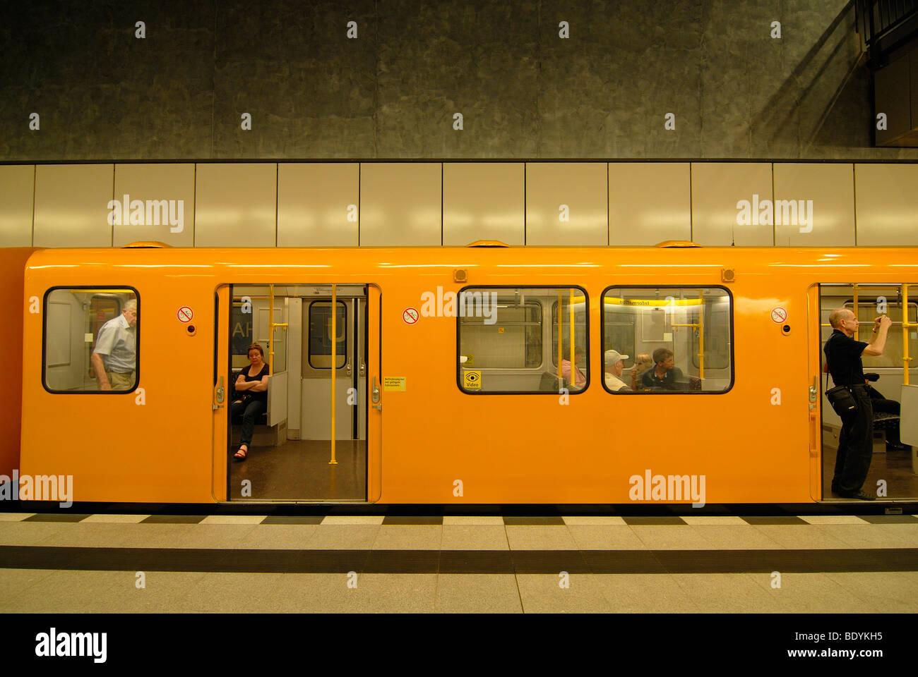 New subway station of line U55 with traditional yellow subway wagon, Kanzler-U-Bahn at Brandenburg Gate, Berlin, Germany, Europe Stock Photo