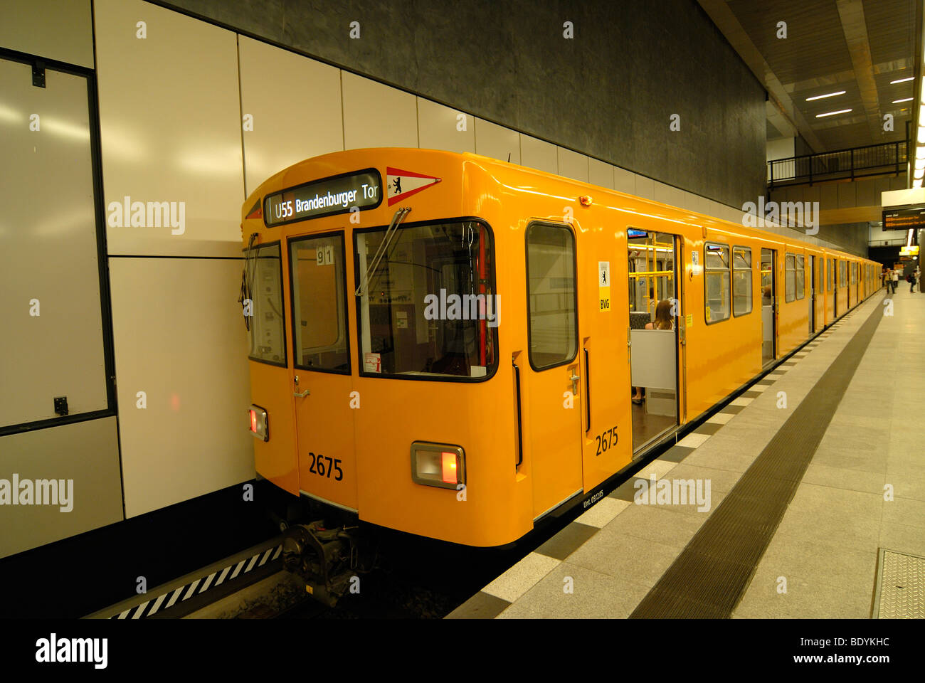 New subway station of line U55 with traditional yellow subway wagon, Kanzler-U-Bahn at Brandenburg Gate, Berlin, Germany, Europe Stock Photo