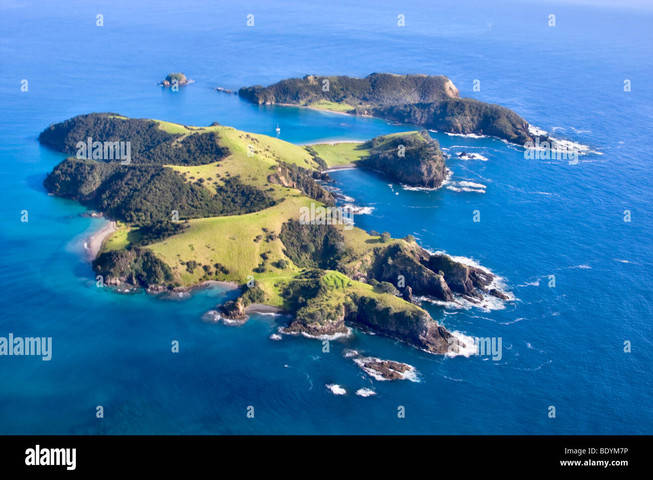Aerial view of the Bay of Islands, Northland, New Zealand. Stock Photo