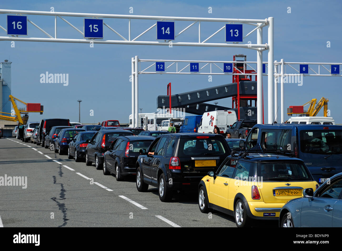 Cars waiting for being loaded onto the car ferry Calais-Dover, Calais, France, Europe Stock Photo