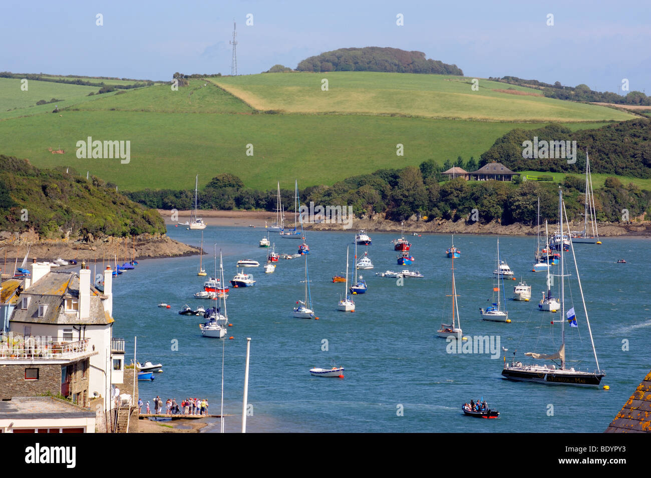 Yachts moored on the estuary in Salcombe, Devon, England Stock Photo