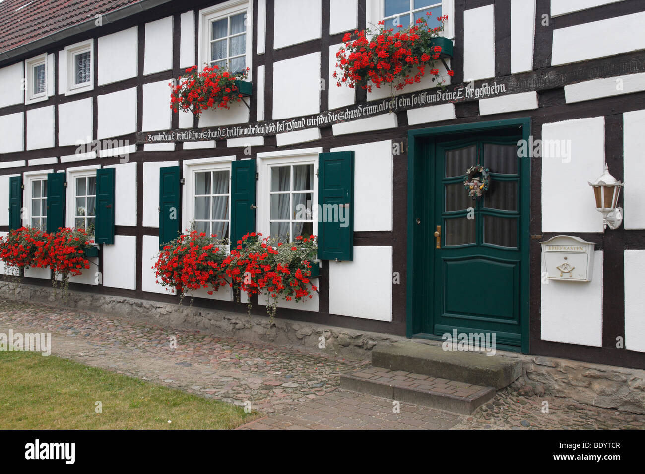 crane's bill in flower boxes at windows of a frame house; Bellingen in Saxony-Anhalt, Germany Stock Photo
