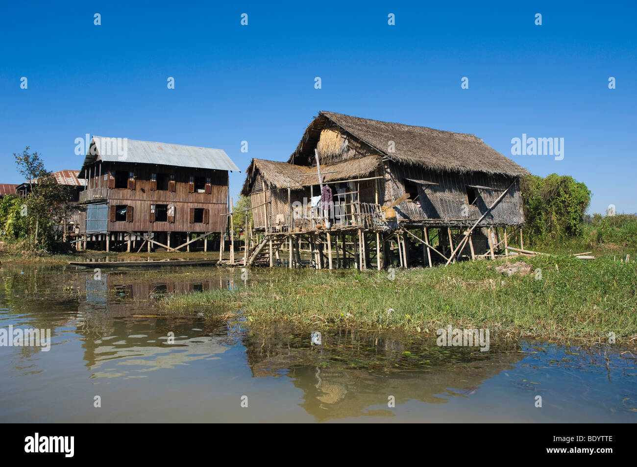 House on stilts in the lake, stilt village Ywama, Inle Lake, Shan State, Burma, Myanmar, Asia Stock Photo