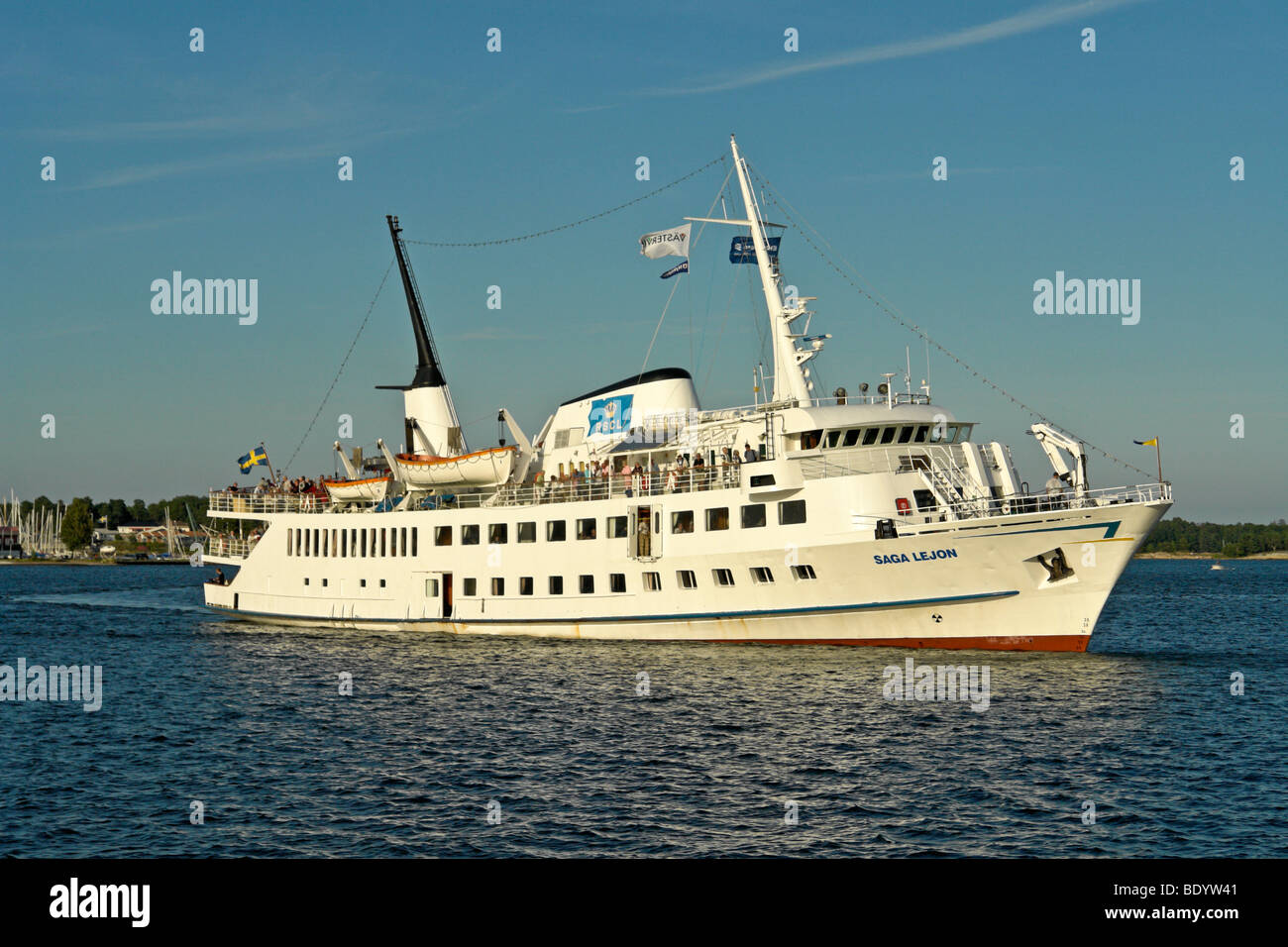 The Swedish archipelago cruise ship Saga Lejon arrives at Vastervik at the end of a day cruise from Nykoping Stock Photo
