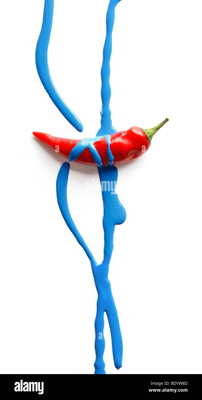 Red chili pepper and blue paint Stock Photo