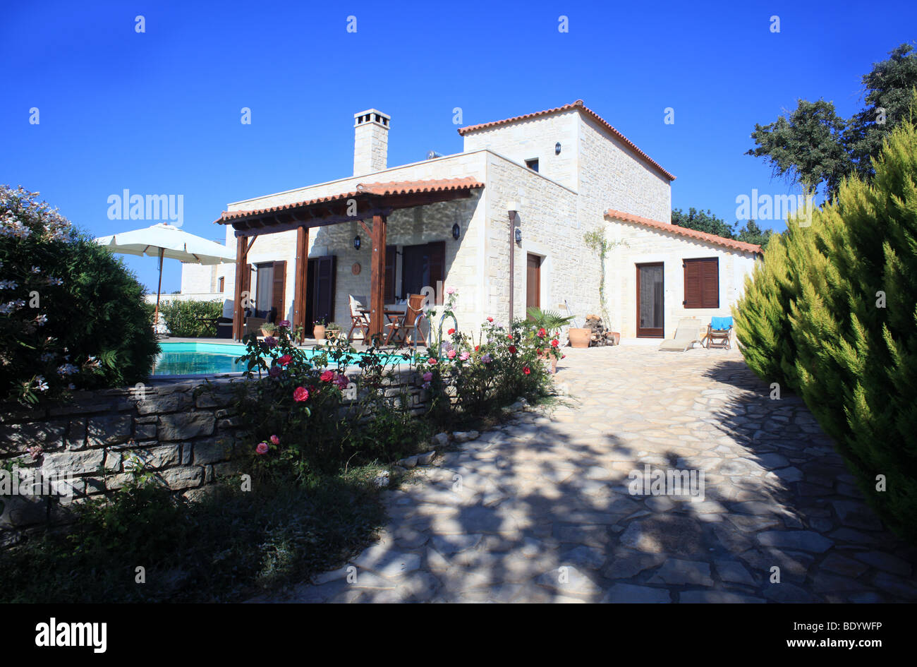 A luxury Greek holiday home or rental villa on the Mediterranean island of Crete Stock Photo