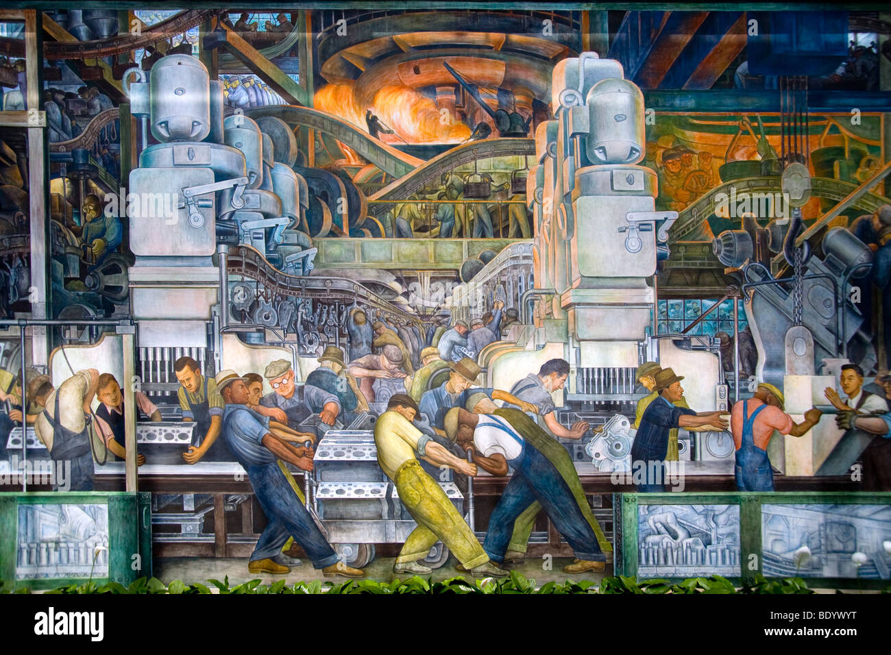 Ford River Rouge factory workmen manufacture car components in 1933 fresco mural by Diego Rivera at the Detroit Institute of Art Stock Photo