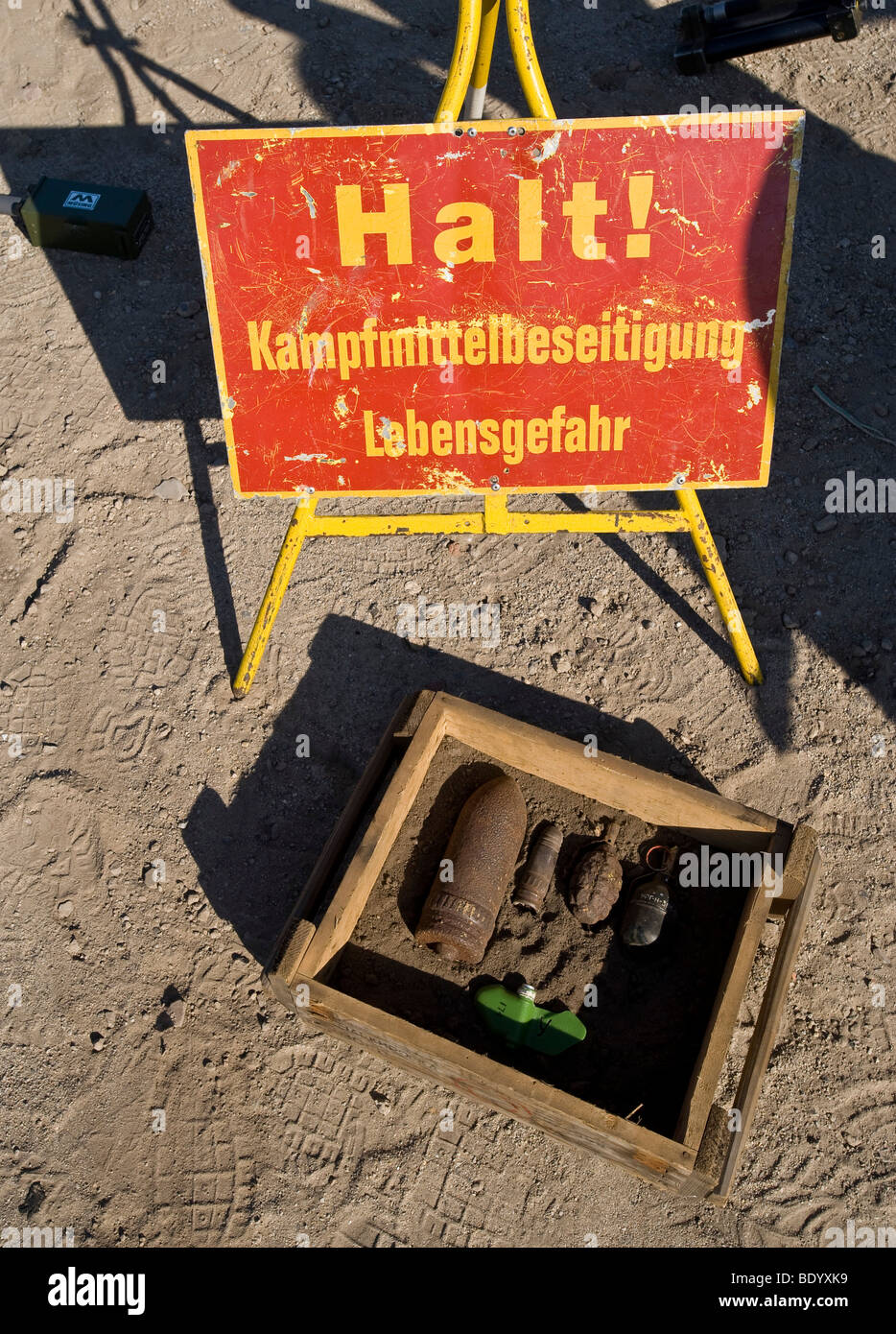 Demonstration of an ammunition clearing at the construction site of Germany's largest solar park in Lieberose, Spreewald, Brand Stock Photo