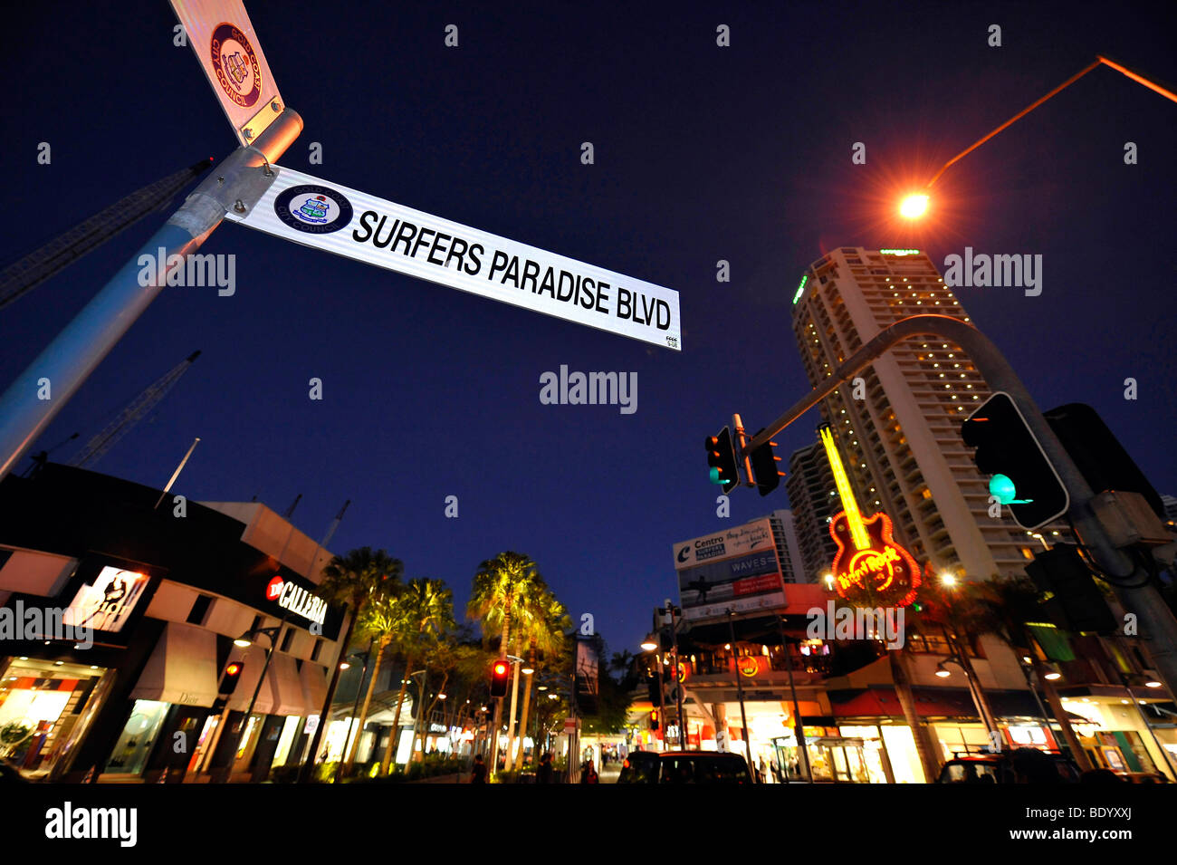 Hard Rock Cafe, night shot, Surfers Paradise, Gold Coast, New South Wales, Australia Stock Photo