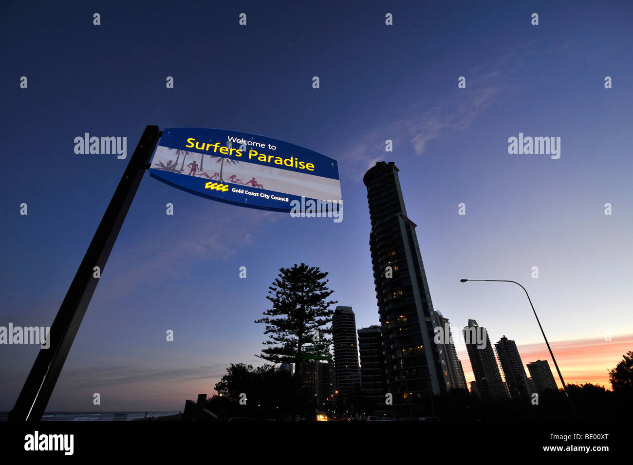 Welcome sign, skyscrapers, night shot, Surfers Paradise, Gold Coast, New South Wales, Australia Stock Photo