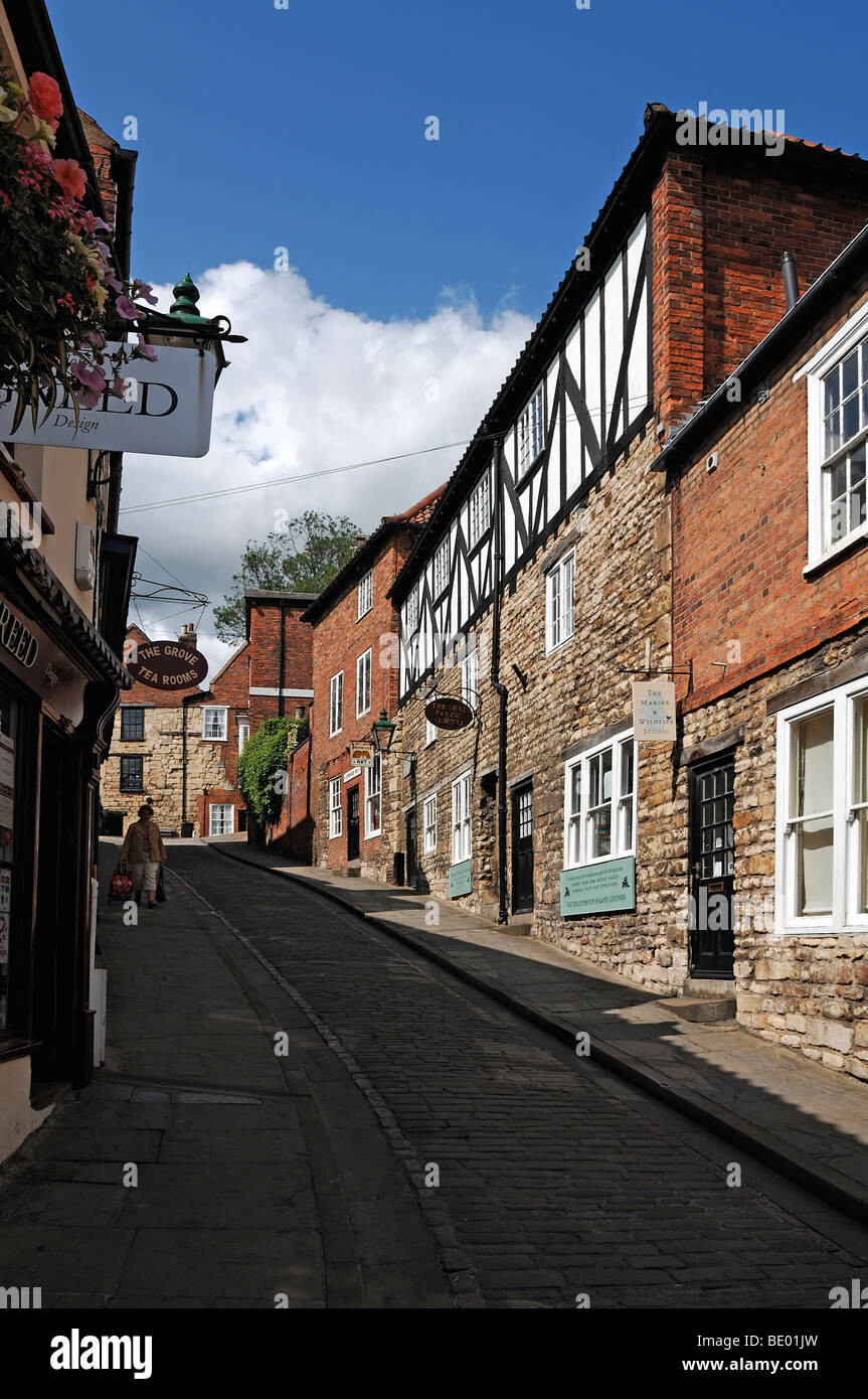 Old street with old houses, Steep Hill, Lincoln, Lincolnshire, England, UK, Europe Stock Photo