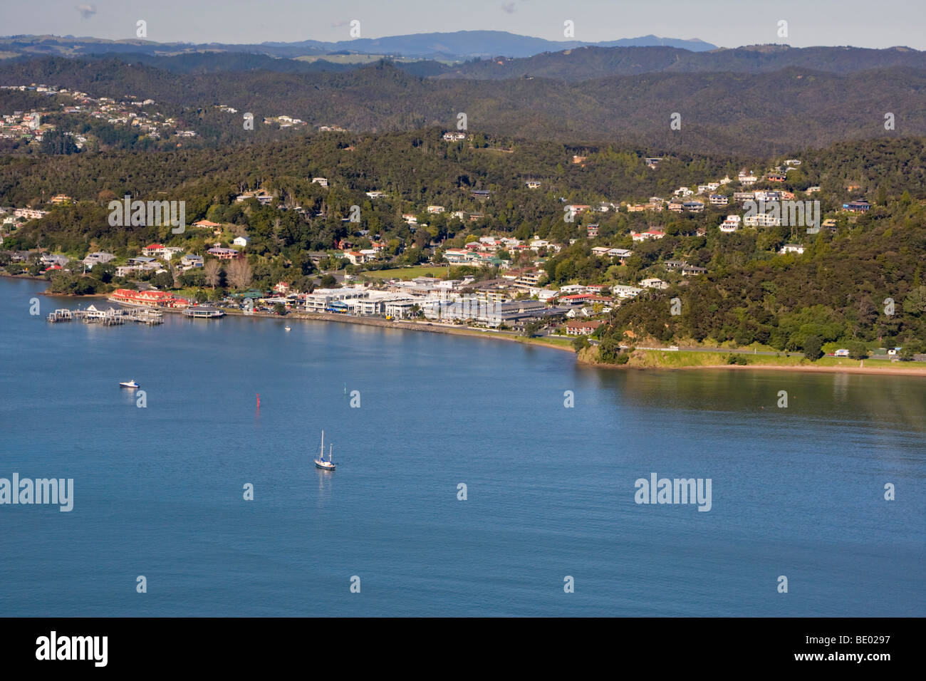 Aerial view of the town of Paihia, Northland, Bay of Islands, New Zealand Stock Photo