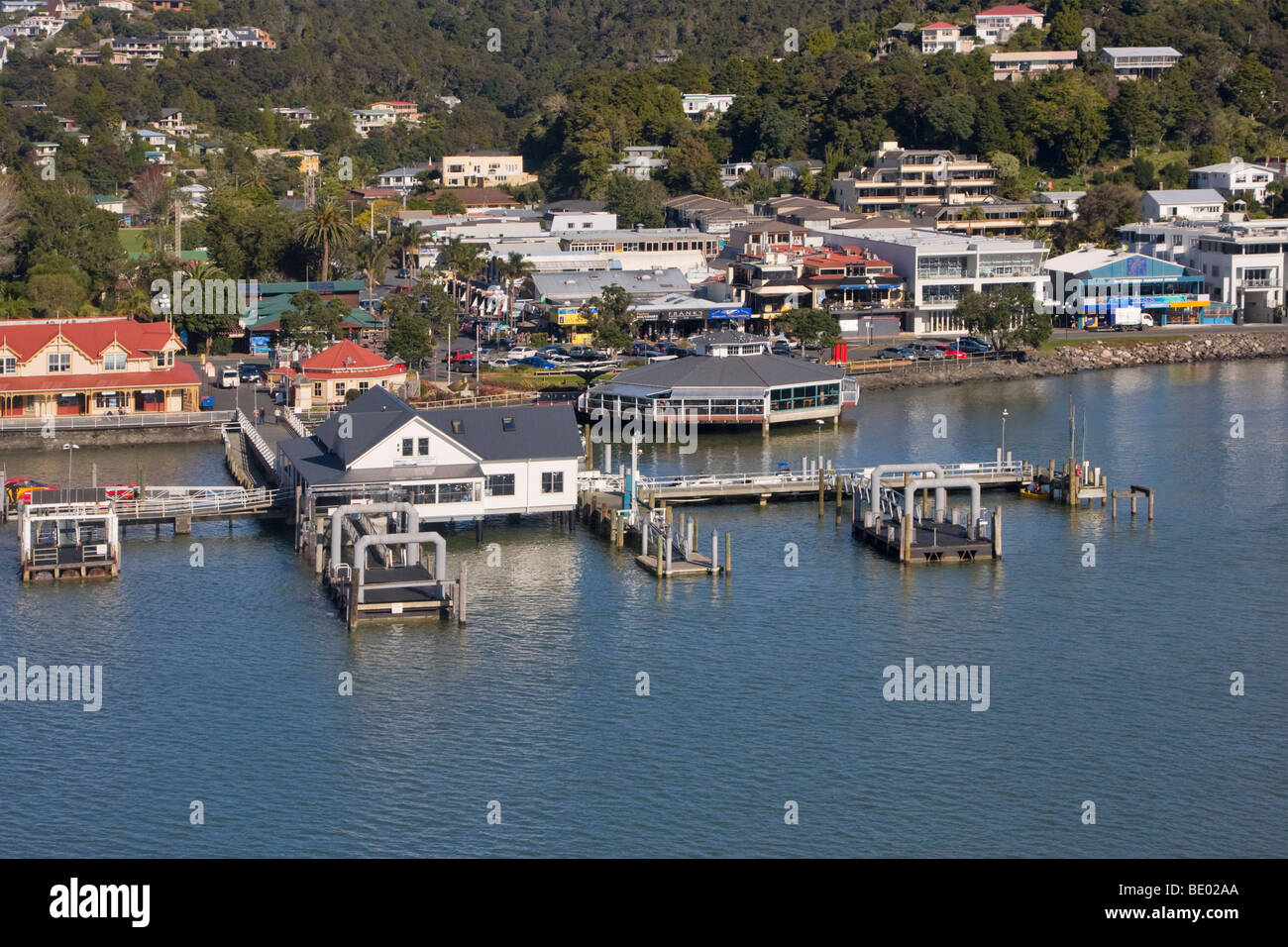 Aerial view of the waterfront of Paihia, Bay of Islands, New Zealand Stock Photo