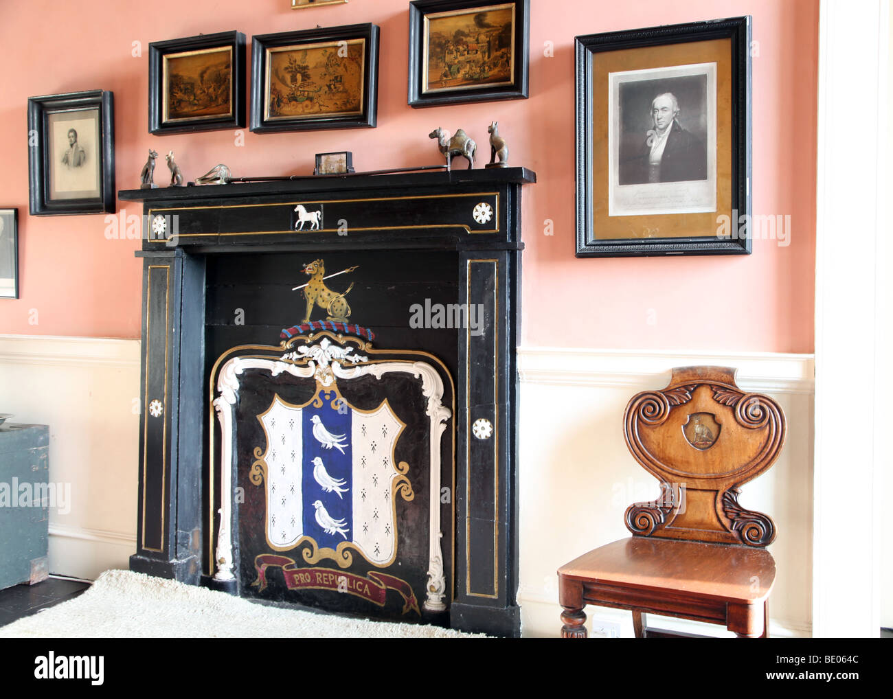Hall fireplace, Enniscoe House, stately home B&B County Mayo, Ireland Stock Photo