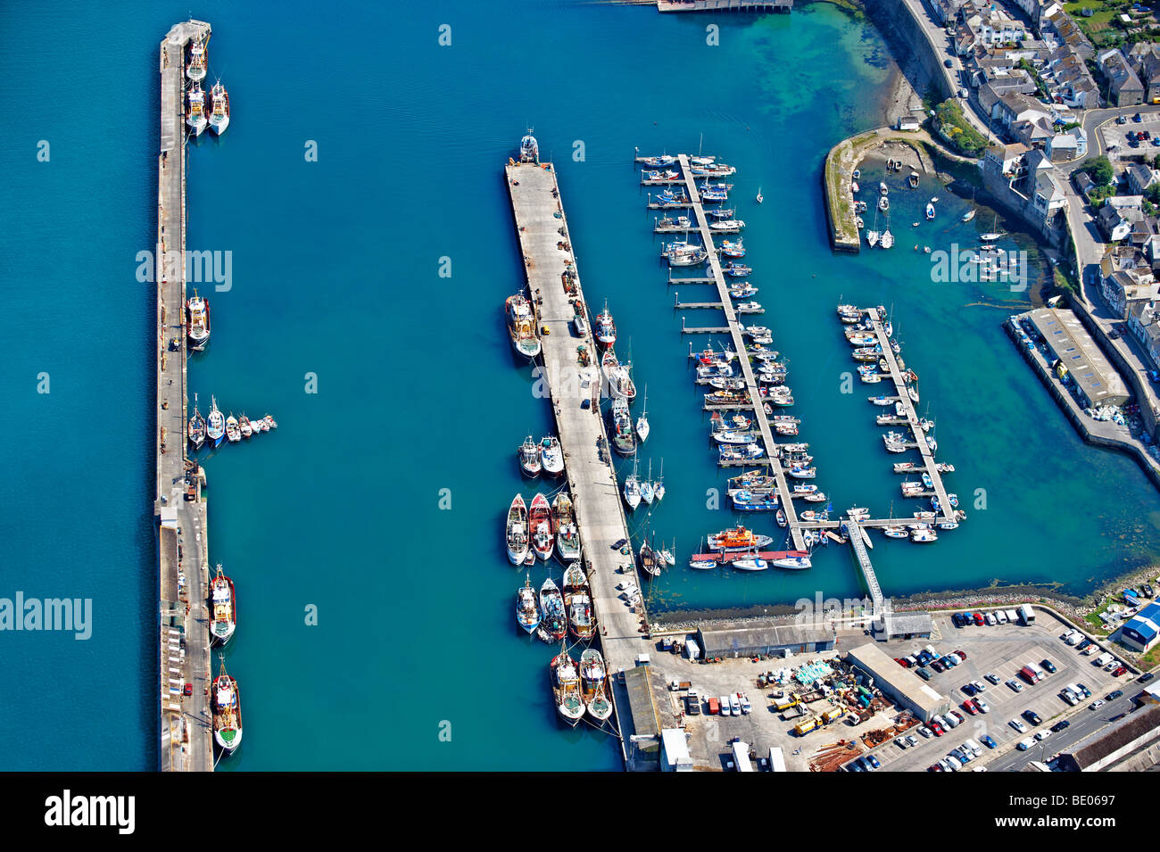 Aerial view of English fishing harbour Stock Photo