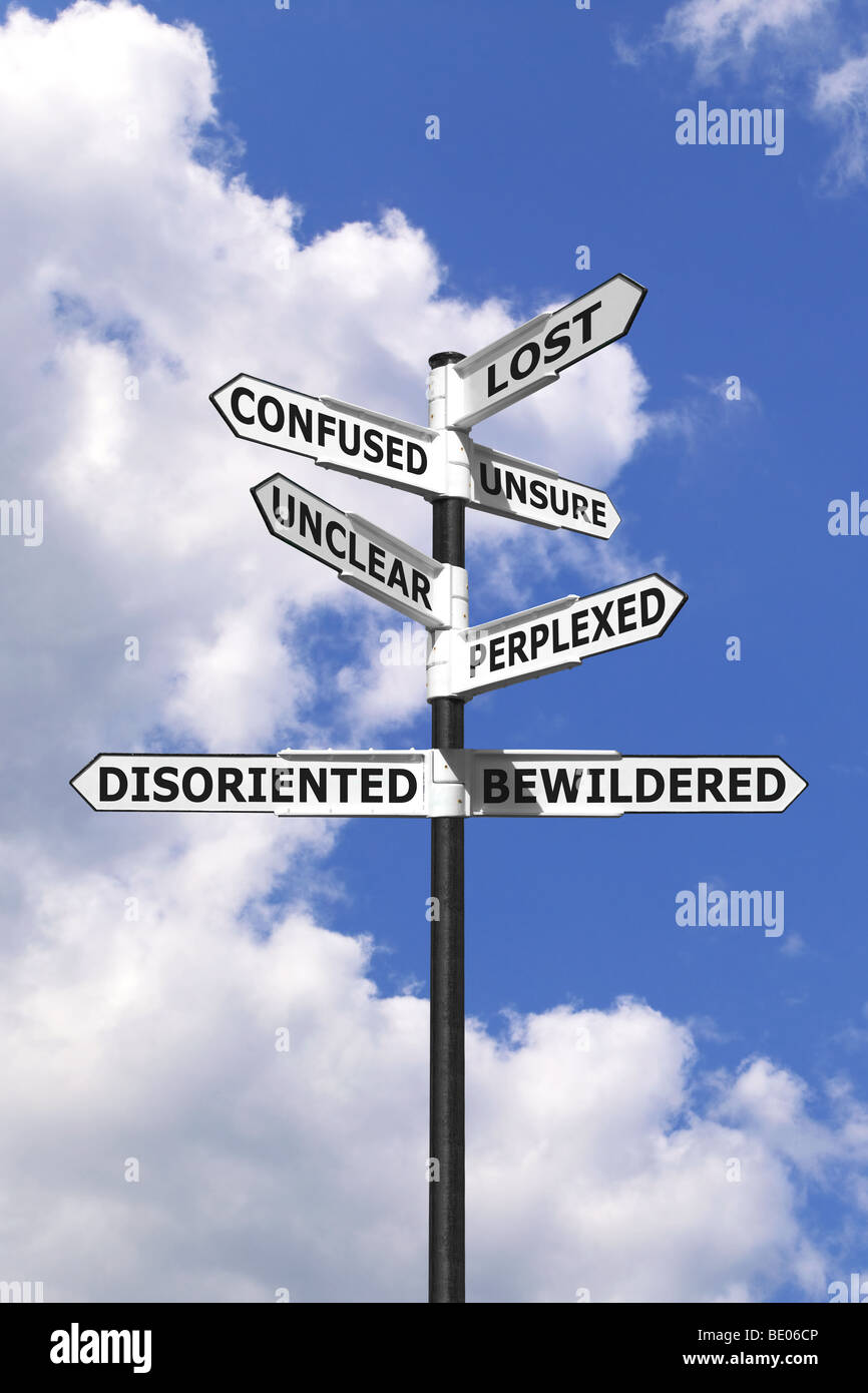 Concept image of words associated with being Lost and Confused on a signpost against a blue cloudy sky. Stock Photo