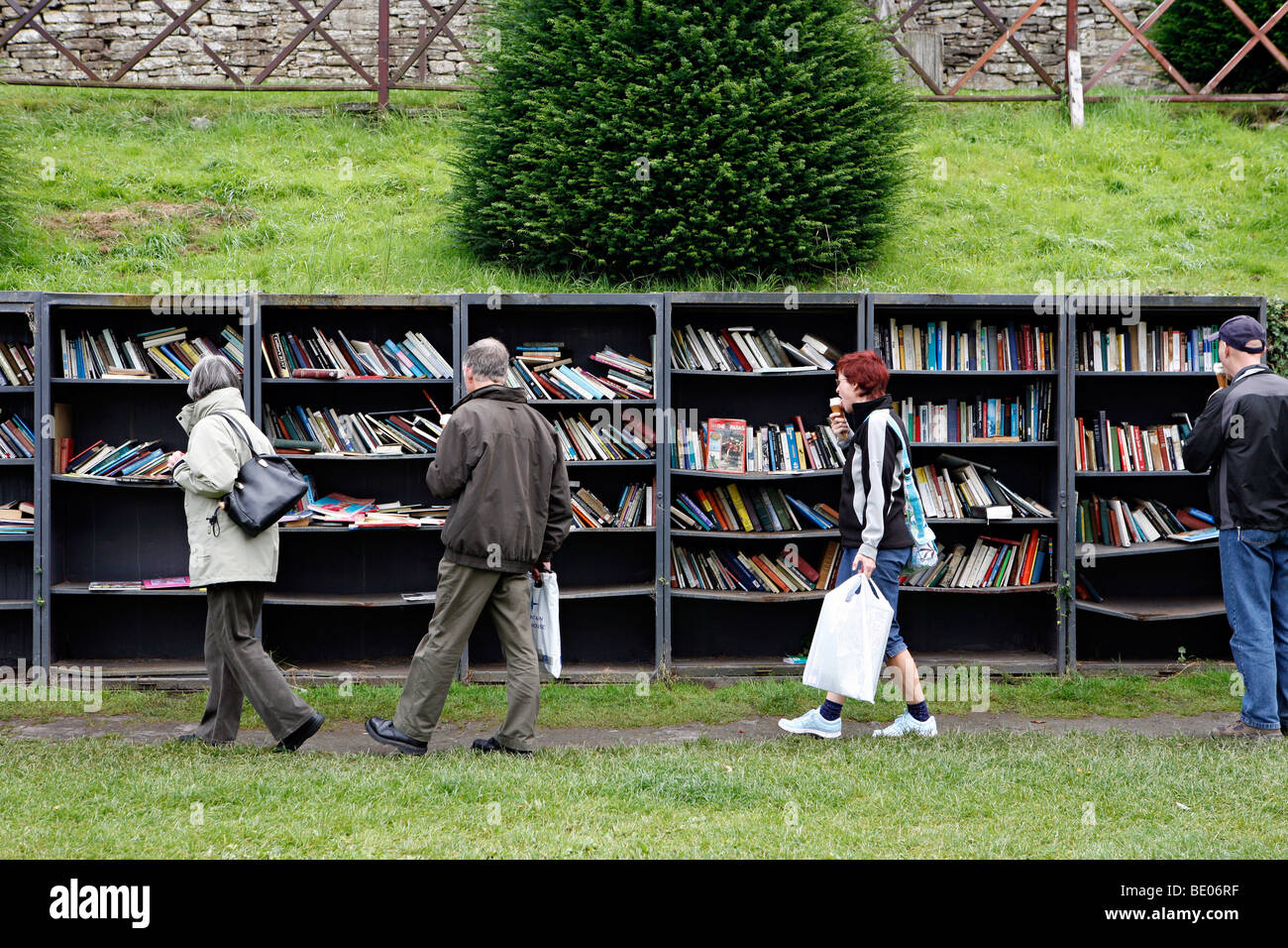 A view of Hay-on-wye's book stalls in the middle of the village. Stock Photo