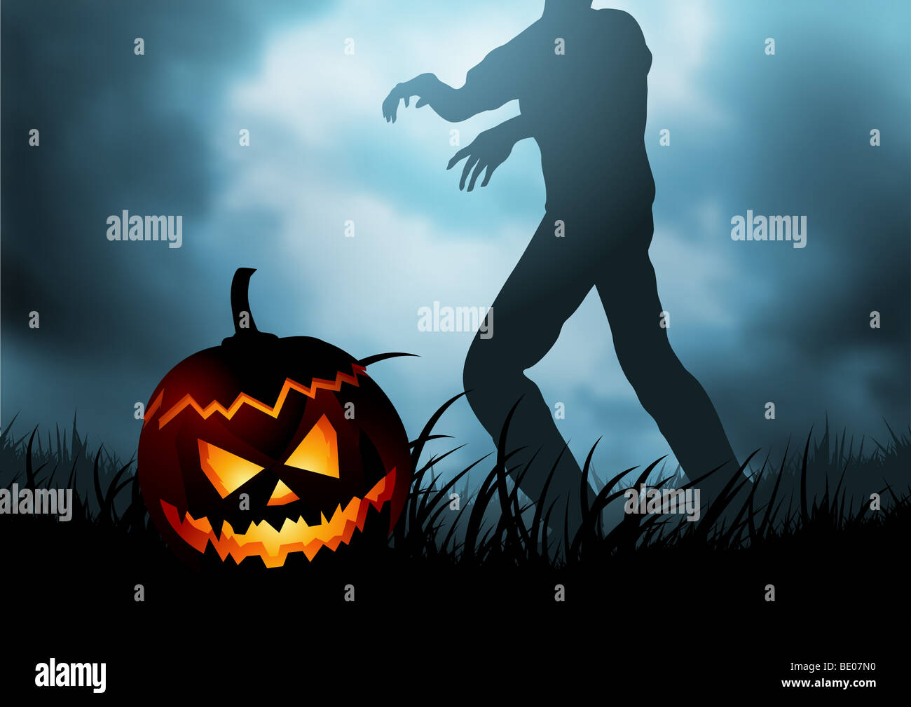 A Halloween pumpkin head with a zombie trying to reclaim it as it's head! Stock Photo