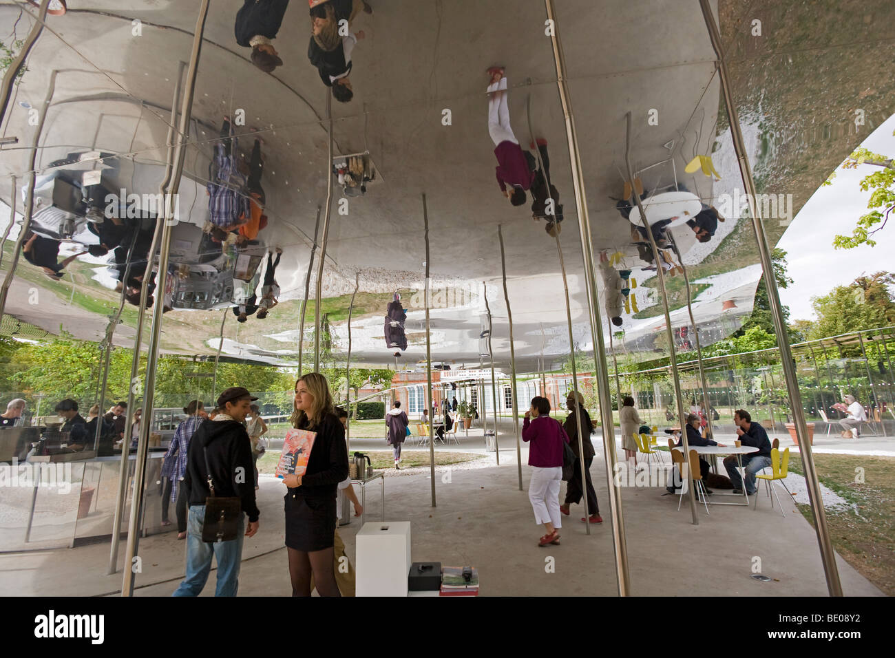 Glass entrance to Serpentine Gallery Pavilion, Hyde Park, London, GB UK Stock Photo