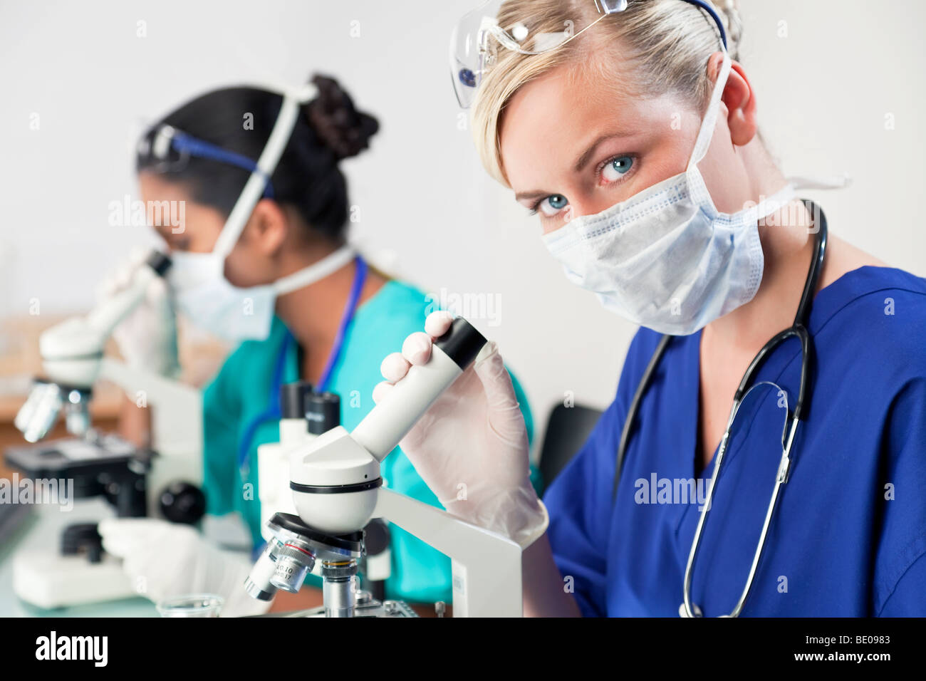 A blond female medical or scientific researcher or doctor using her microscope in a laboratory with her Asian colleague Stock Photo