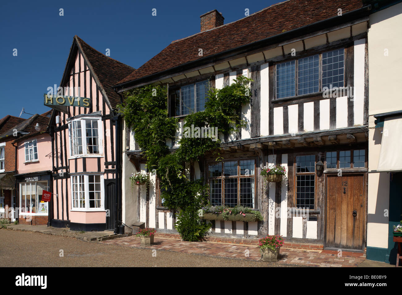 Great Britain England Suffolk Lavenham Market Square Timbered Houses Shops Stock Photo