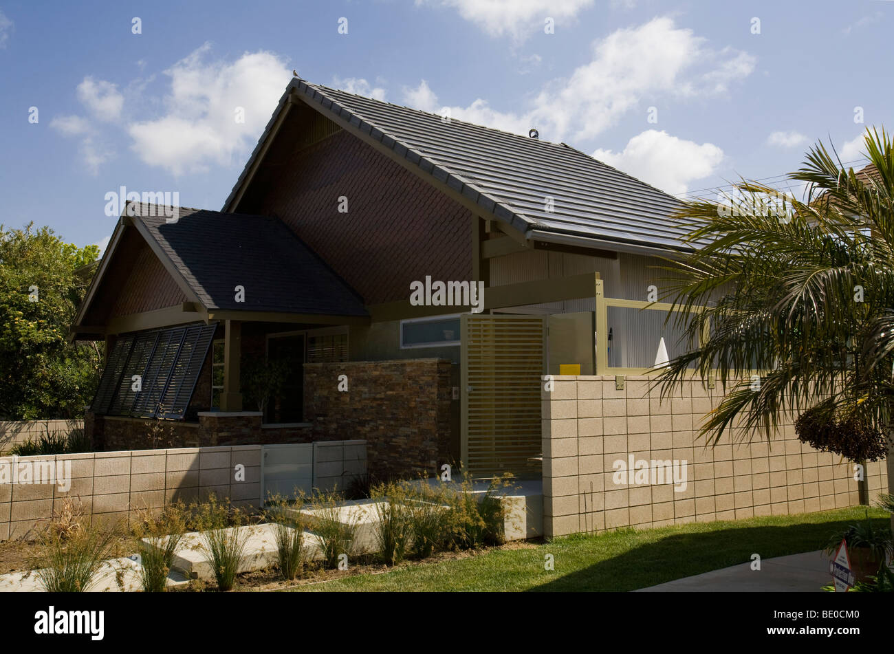 House in Long Beach retrofitted with Building Integrated Photovoltaics (BIPV) Modules, California, USA Stock Photo